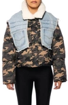 AZALEA WANG HOTSHOT CAMO & DENIM PUFFER JACKET WITH FAUX SHEARLING COLLAR