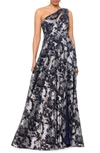 BETSY & ADAM METALLIC FLORAL ONE-SHOULDER GOWN