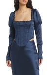 House Of Cb Dana Puff Sleeve Corset Top In Navy