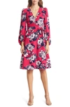 Eliza J Floral Ruched Bracelet Sleeve Dress In Berry
