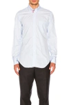 THOM BROWNE THOM BROWNE CLASSIC POPLIN BUTTON DOWN WITH RIBBON PLACKET IN BLUE.,TMBX-MS124