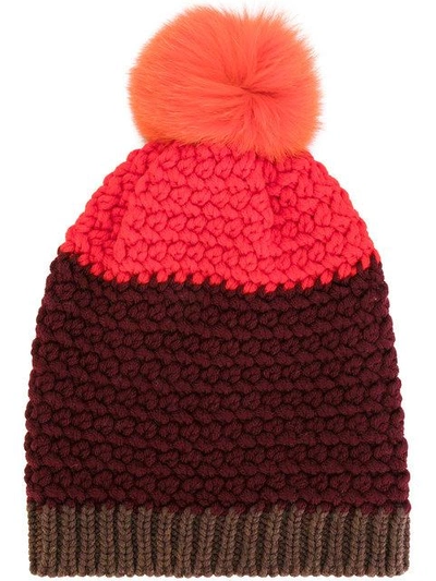 Etro Knitted Beanie Hat W/ Fur Pompom In Red/orange