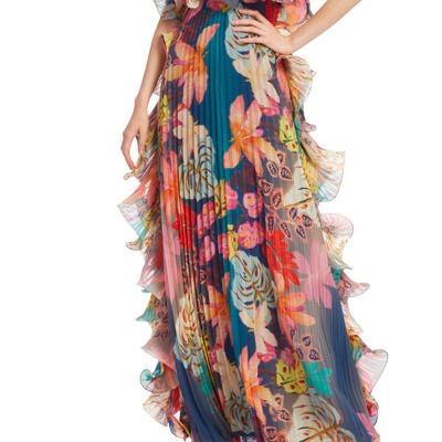 Badgley Mischka Pleated Strapless Floral-print Ruffle Gown In Blue