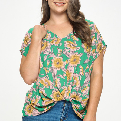 West K Leah Plus Size Short Sleeve Woven Top In Green