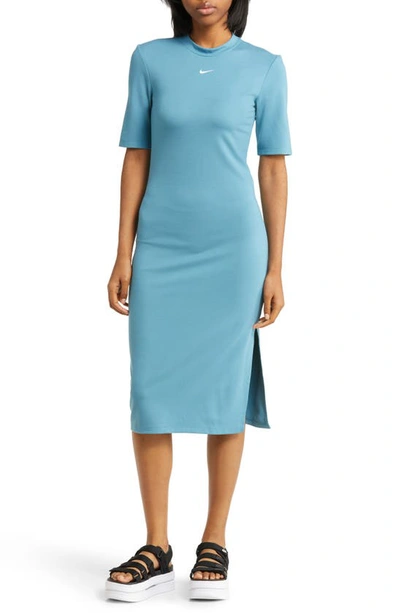 Nike Sportswear Essential Crewneck Midi Dress In Noise Aqua/ White