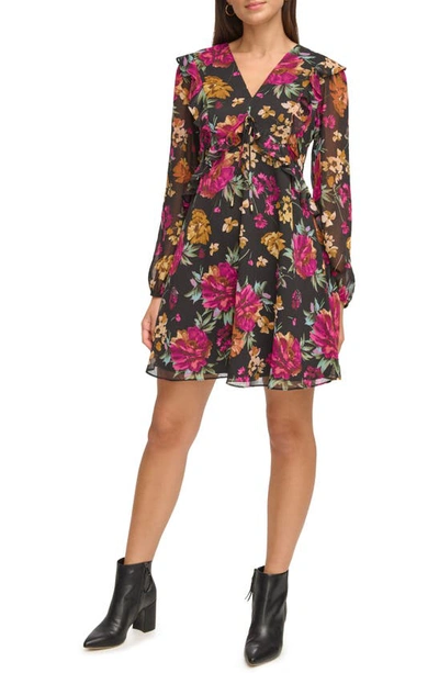 Kensie V-neck Long Sleeve Floral Chiffon Shift Dress In Pink/black Multi