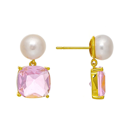 Rivka Friedman Pearl And Pink Crystal Drop Earring In Gold With Pink Crystal And Pearl