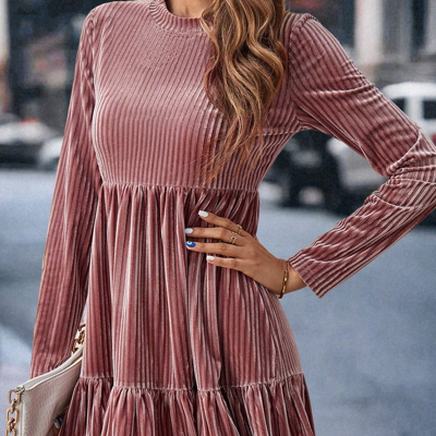 Threaded Pear Amari Long Sleeve Tiered Ribbed Velvet Dress In Pink