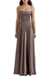 House Of Cb Anabella Lace-up Satin Gown In Pebble Grey