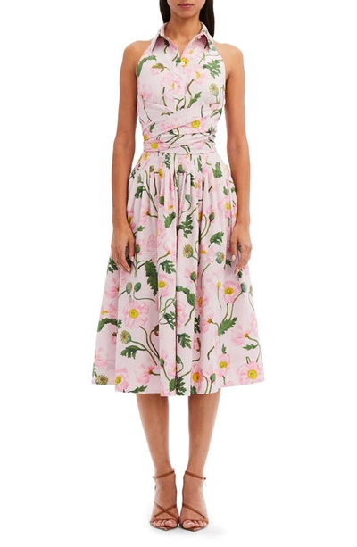 Oscar De La Renta Painted Poppies Poplin Halter Midi Shirtdress In Pink/soft Pink