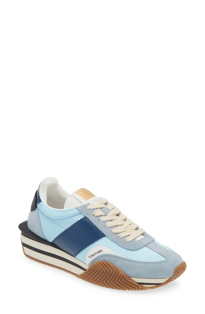 Tom Ford James Mixed Media Low Top Trainer In Light Blue/ Cream