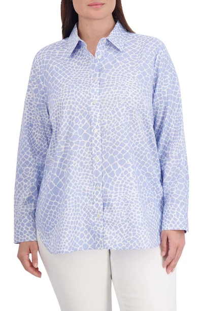 Foxcroft Meghan Giraffe Print Linen Blend Button-up Shirt In Blue/ White