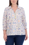 Foxcroft Alexis Watercolor Print Smocked Sleeve Cotton Popover Top In Multi