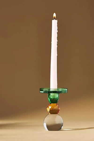 Anthropologie Cut Glass Candle Holder In Green