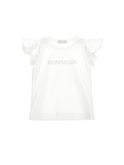 Monnalisa Studded Logo Jersey T-shirt In Cream