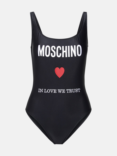Moschino Logo-embroidered Open-back Swimsuit In Black