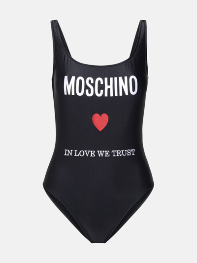 Moschino Logo刺绣露背连体泳衣 In Black