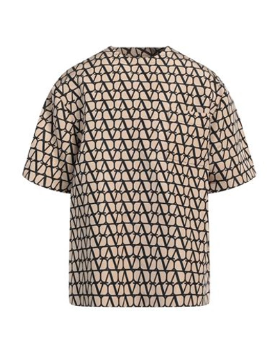 Valentino Silk Faille Crew Neck T-shirt With All-over Toile Iconographe Print In Beige/black