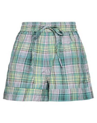 Ganni Green Check Shorts In Multicolour