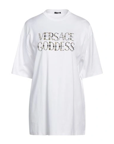 Versace Woman T-shirt White Size 4 Cotton, Metal, Glass