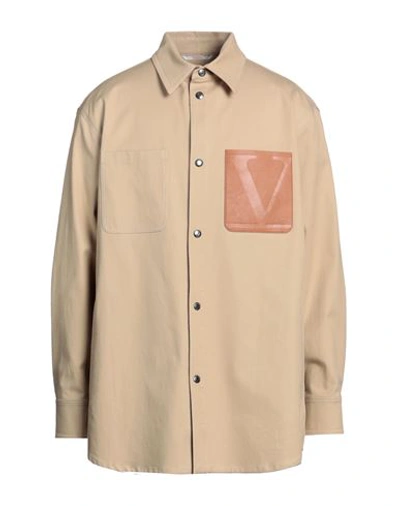 Valentino Garavani Man Shirt Sand Size 42 Cotton, Elastane, Leather In Beige