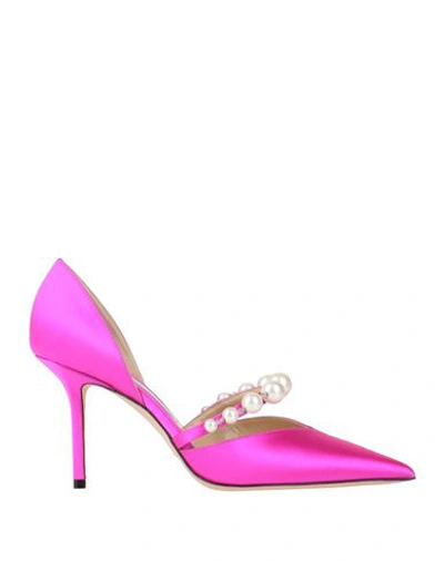 Jimmy Choo Woman Pumps Fuchsia Size 8.5 Soft Leather, Textile Fibers In Pink