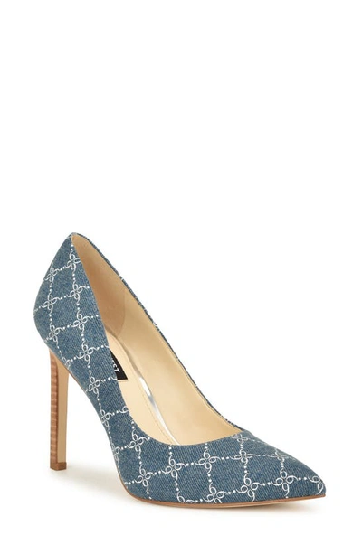 Nine West Tatiana Pointed Toe Pump In Blue Denim Logo Multi- Textile