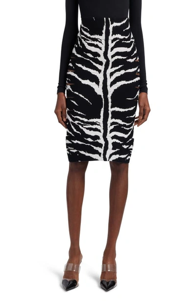 ALAÏA ANIMAL STRIPE SLASHED KNIT PENCIL SKIRT