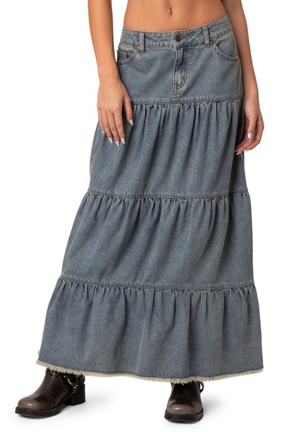 Edikted Women's Countryside Tiered Washed Denim Maxi Skirt In Blue