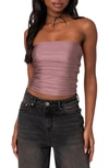 Edikted Maxeen Shiny Ruched Tube Top In Mauve