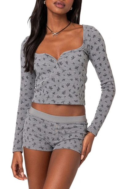 Edikted Lavender Floral Waffle Stitch Top In Gray-melange