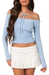 Edikted Jane Tie Front Off The Shoulder Crop Sweater In Light-blue