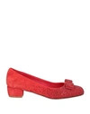 Ferragamo Suede Block Heel Pumps With Bow Detail In Red