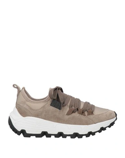BRUNELLO CUCINELLI BRUNELLO CUCINELLI WOMAN SNEAKERS LIGHT BROWN SIZE 7 LEATHER, TEXTILE FIBERS
