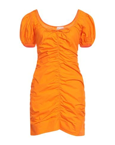 Ganni Bow-detailed Ruched Cotton-poplin Mini Dress In Orange