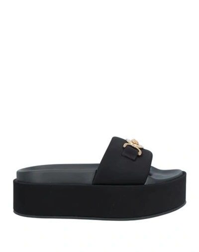 Versace Woman Sandals Black Size 10 Textile Fibers In Gold Tone/black
