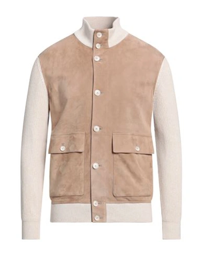 Brunello Cucinelli Man Jacket Sand Size 3xl Leather, Cotton In Beige