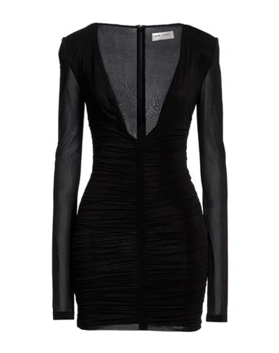 Saint Laurent Sleeve V-neck Mini Dress With Button Accents In Black