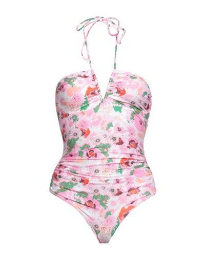 Ganni Recycled Printed V-string One Piece Swimsuit In Pink