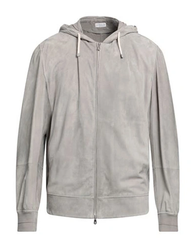 Brunello Cucinelli Man Jacket Light Grey Size L Leather, Cotton
