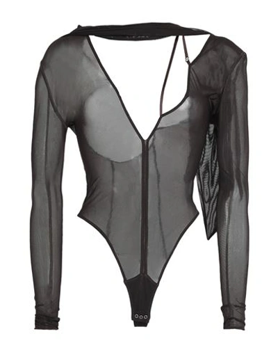 Jacquemus Woman Bodysuit Dark Brown Size 8 Polyamide, Elastane