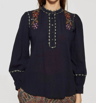 Antik Batik Embroidered Cotton Peplum Blouse In Grey