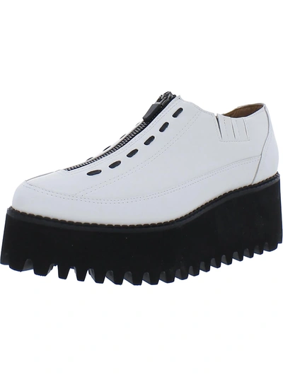 All Black Center Zipper Womens Leather Lugged Sole Loafer Heels In White