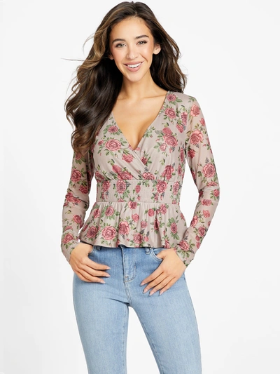 Guess Factory Diamante Semi-sheer Top In Beige