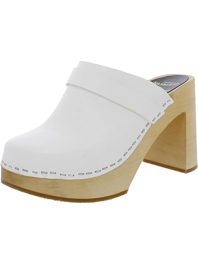 Swedish Hasbeens Husband Sky High Womens Leather Logo Clogs In White