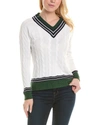 Minnie Rose Plus Size Varsity Cotton Cable V With Stripe Sweaters In White