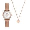 FOSSIL WOMEN'S CARLIE THREE-HAND, ROSE GOLD-TONE STAINLESS STEEL WATCH AND NECKLACE BOX SET