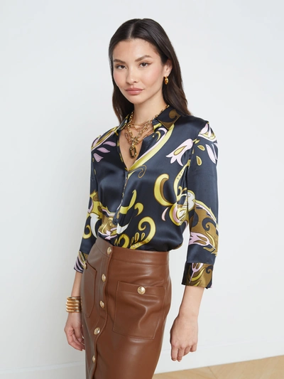 L Agence Dani Swirl-printed Silk Shirt In Olive Multi Abstract Scarf