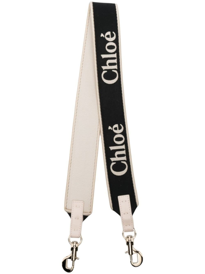 CHLOÉ BLACK AND IVORY CANVAS SHOULDER STRAP WITH LOGO