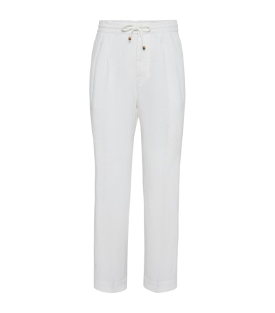 Brunello Cucinelli Men's Linen Stripe Leisure Fit Trousers With Pleat In Blanc